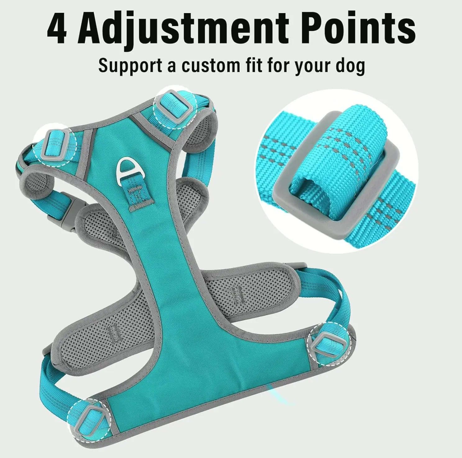 Anti-Pull Dog Harness with Quick-Release Neck Clip, Reflective & Adjustable, Cyan, Medium