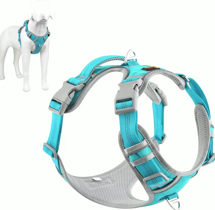 Anti-Pull Dog Harness with Quick-Release Neck Clip, Reflective & Adjustable, Cyan, Medium