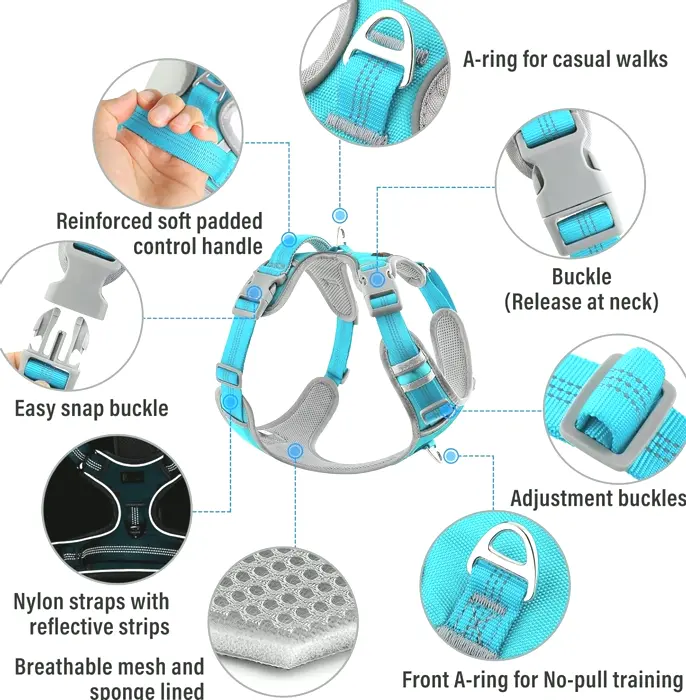 Anti-Pull Dog Harness with Quick-Release Neck Clip, Reflective & Adjustable, Cyan, Medium