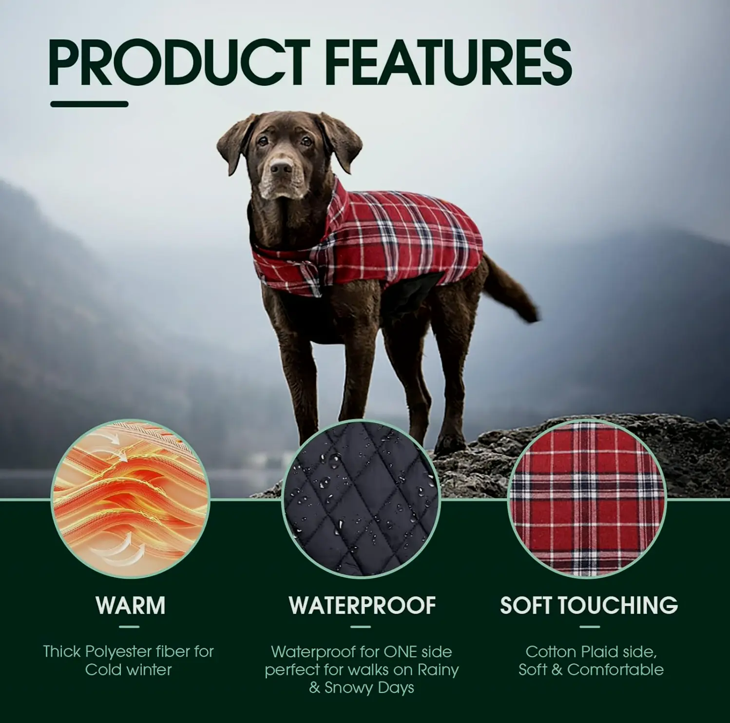 Cozy Two-sided Dog Jacket, Waterproof, Checkered