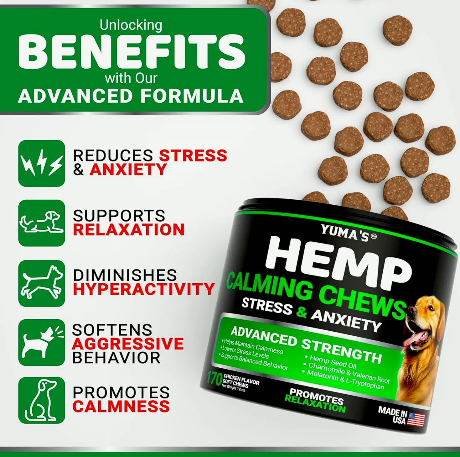 Yuma Calming Chews for Dogs - Stress Relief - 170 Treats